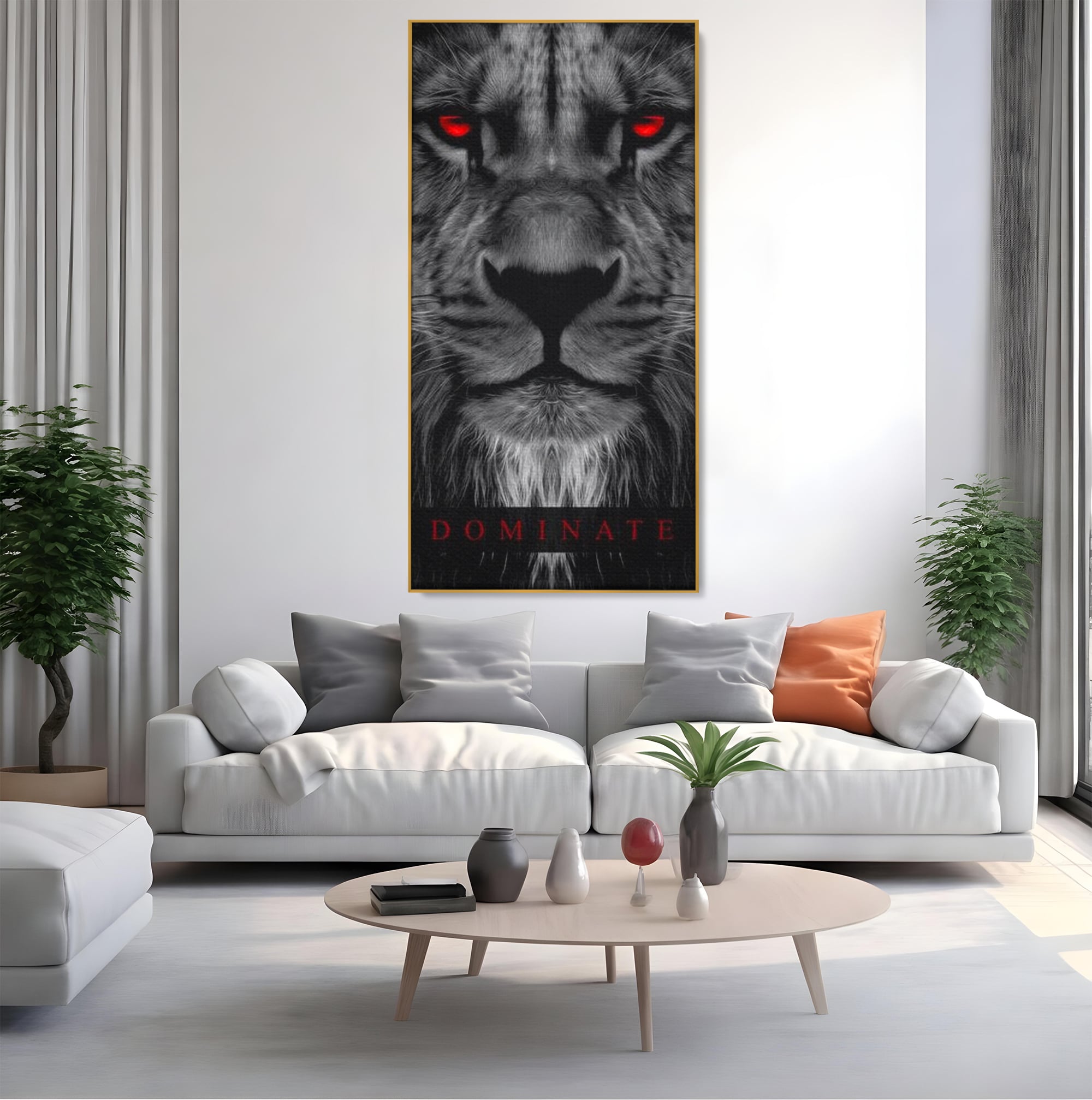 Tablou canvas cu tablou canvas cu leu alb-negru, in rama de aluminiu auriu, pe perete intr-un living